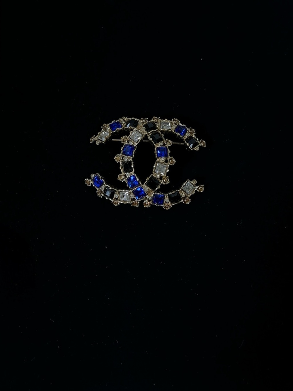 Chanel Designer-Inspired Double C Crystal Brooch in Blue and Silver